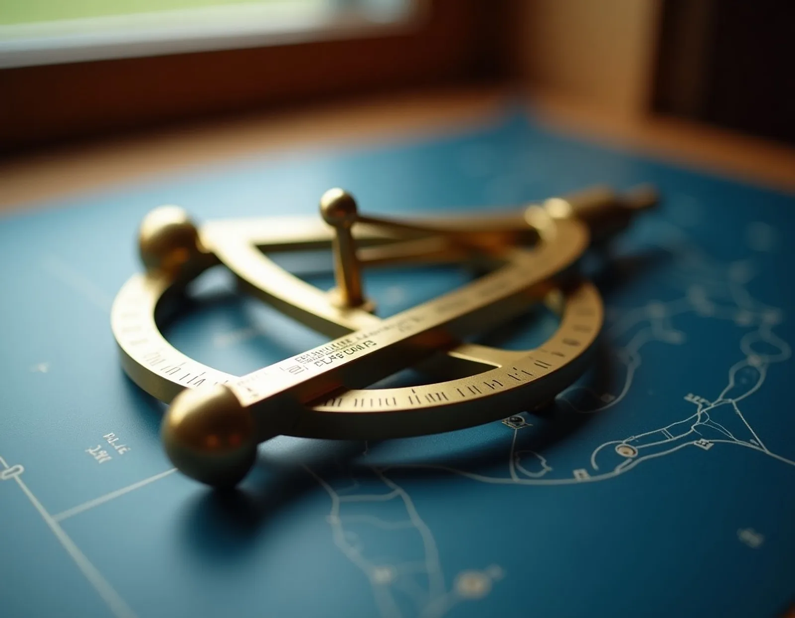 Polished brass sextant on a navy chart table