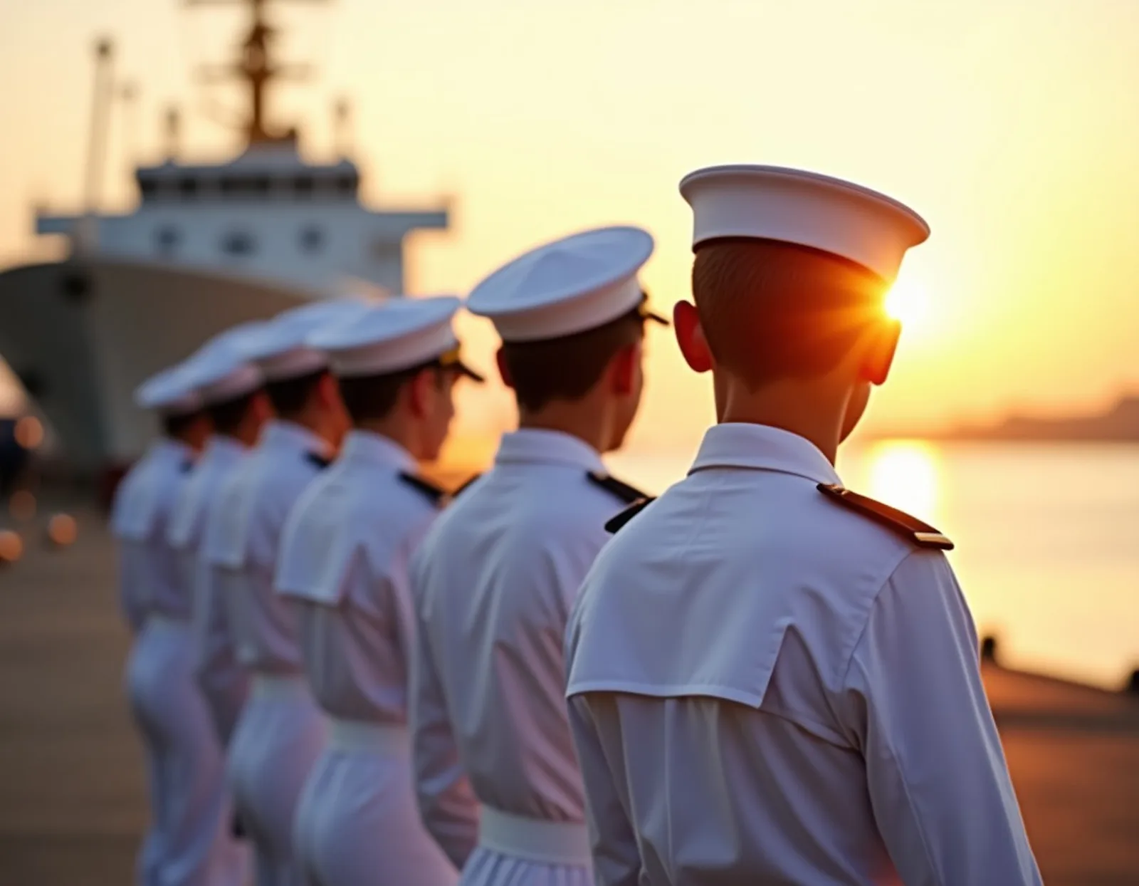 Cadets in white uniforms seen from behind on a quay at sunrise