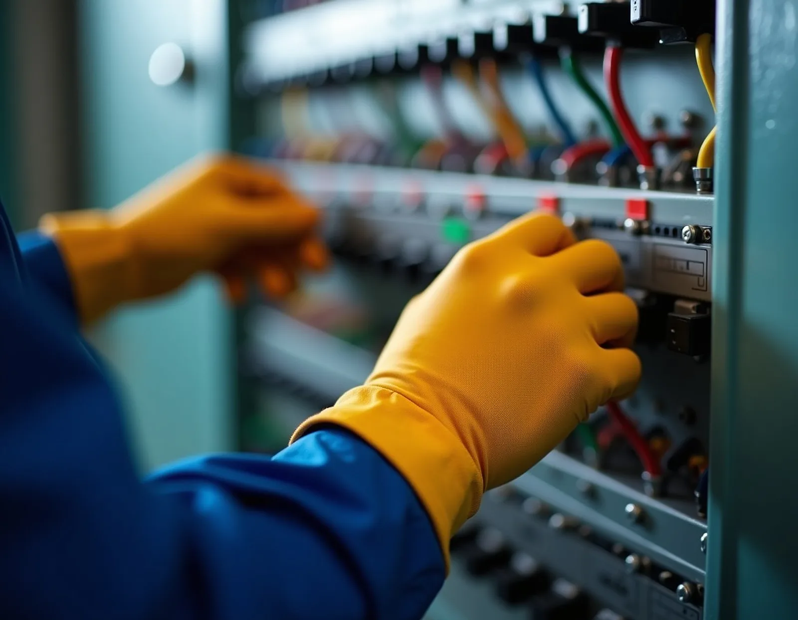 Electrician hands working on a tidy switchboard panel